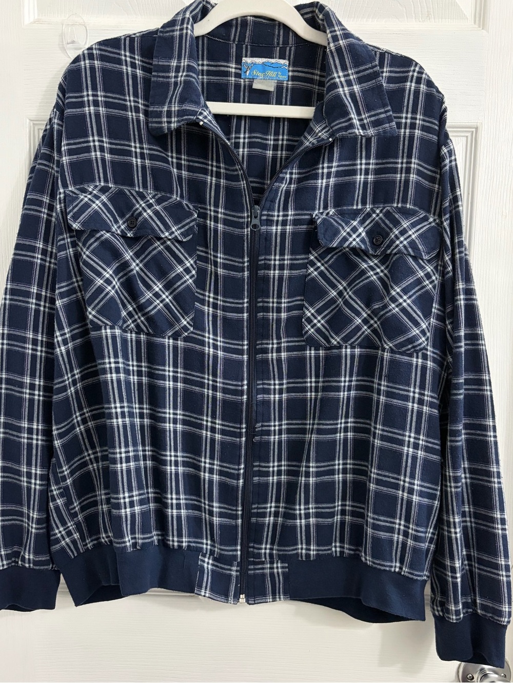 Women’s Plaid Zip-Front Utility Jacket in Navy. Size XL $10